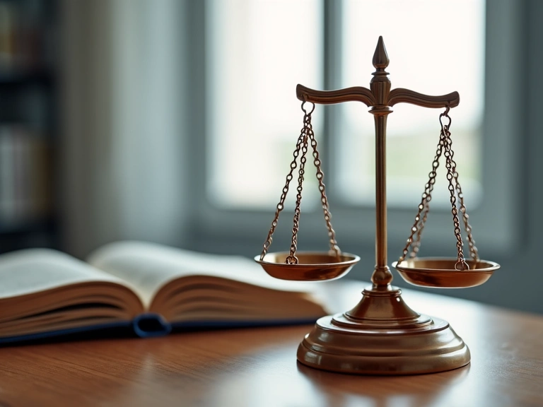 Balanza de la justicia y un libro de leyes, simbolizando legislación y jurisdicción