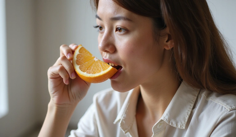 Una persona comiendo una fruta de forma consciente y concentrada.