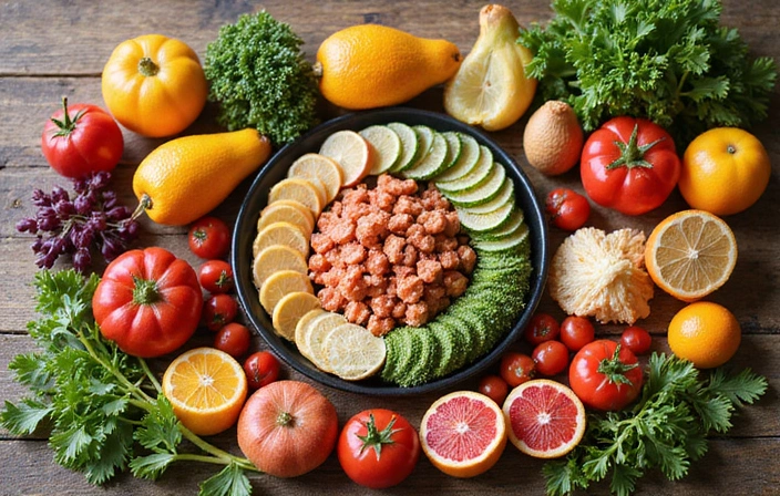 Variedad de alimentos frescos y coloridos
