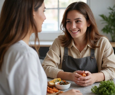 Mujer sonriendo mientras un nutricionista explica un plan de alimentación personalizado