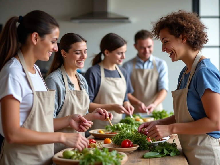 Grupo de personas participando activamente en un taller de cocina saludable, riendo y aprendiendo de un instructor